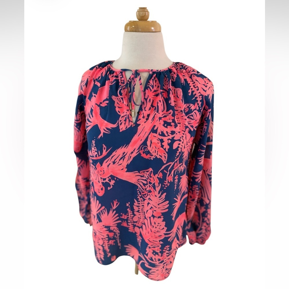 Lilly Pulitzer Willa Top Hot Pink and Navy-“In the Night Caw” -Size XS